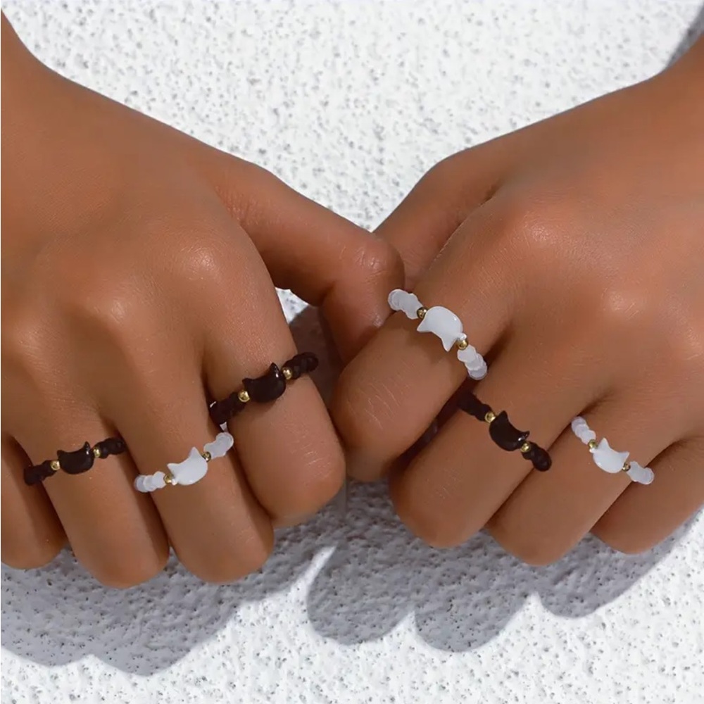 three pack black and white cat ring set
